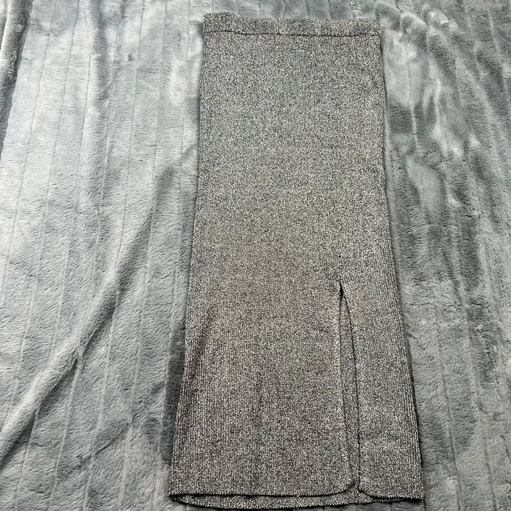 Zara Silver Metallic Knit Midi Skirt Side Slit Ribbed High Waist Size M